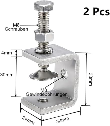 Set di 2 morsetti a C in acciaio inox con ganci in acciaio inox e viti ad anello, morsetto da 30 mm, pinza di fissaggio regolabile, campo di serraggio è 0-25 mm - Honorern