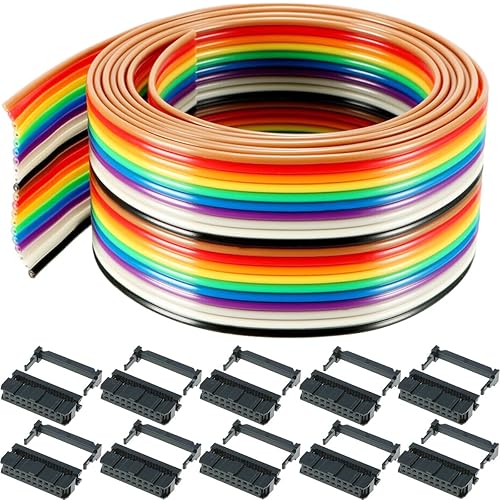 20 Pin Cavo a nastro piatto di colore arcobaleno 3M/9.84ft cavo IDC Cavo di collegamento a nastro piatto da 1,27 mm con connettore femmina con zoccoli IDC FC-20P per connettori da 2,54 mm - Honorern