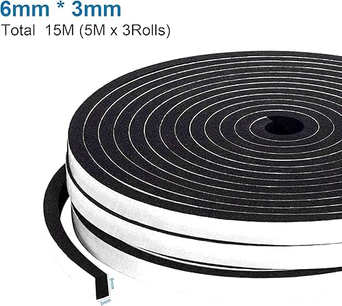 Nastro Sigillante Autoadesivo in Gomma, 3 Rotoli 6x3mm 15m Schiuma Nastro Paraspifferi Porta, Alta Densità Neoprene Adesivo Isolamento Nastro Sigillante per Anti Freddo, Rumore e Collisione - Honorern