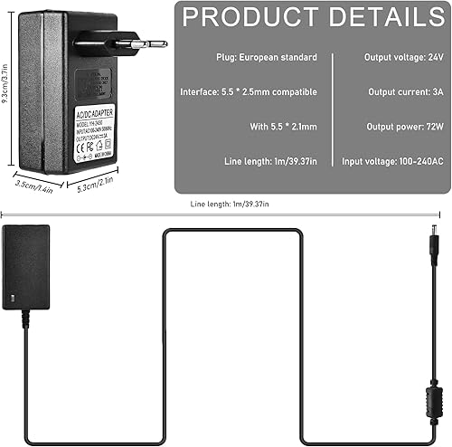Adattatore di alimentazione da 24 V, 3 A, alimentatore da 72 W, convertitore da AC a DC, ingresso da 100 a 240 V, alimentatore da 24 V, alimentatore da 24 V per radio, strisce luminose, switch, - Honorern