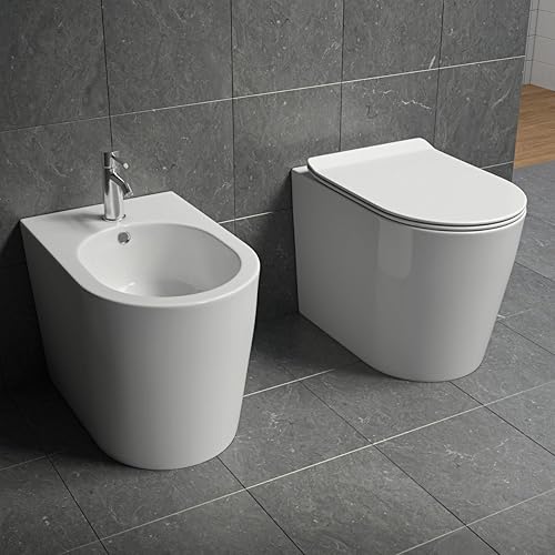 Sanitari a pavimento filomuro con sistema di scarico rimless senza brida vaso bidet e sedile con chiusura rallentate - Honorern
