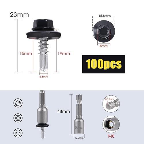 Confezione da 100 Viti autoperforanti per metallo Ø4,8x19 mm Testa a rondella esagonale verniciata Viti autoperforanti verniciate con rondelle in EPDM e chiave a bussola M8 (Grigio RAL 7016) - Honorern