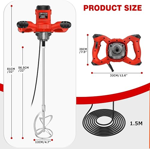 Agitatore per calcestruzzo e malta – 2600 W elettronico continuo a 6 marce 0 – 1700 giri/min, ergonomico, attacco agitatore M14, miscelatore manuale per vernice, intonaco e massetto, rosso - Honorern