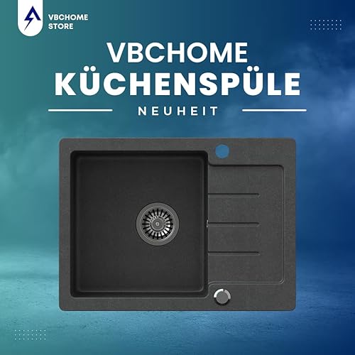 Lavello singolo da incasso, da 60 x 44 cm, in granito composito puntiforme, reversibile, con sifone, Nero - Honorern