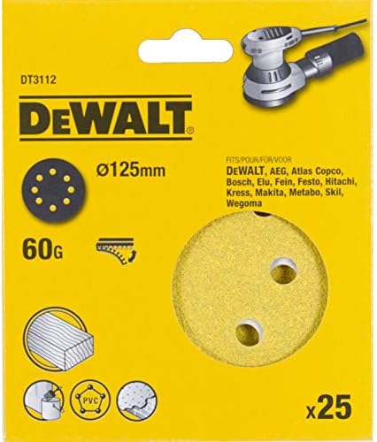 DEWALT disco abrasivo levigatrice 125mm grana 60 - confezione da 25 fogli - 8 fori, DT3112-QZ - Honorern