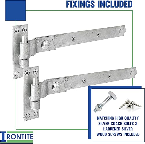IRONTITE® Cerniere per cancello zincate a gomito resistenti, 400 mm, gancio e fascia per cancelli in legno, cerniere zincate a manovella con fissaggi inclusi (zincate) - Honorern