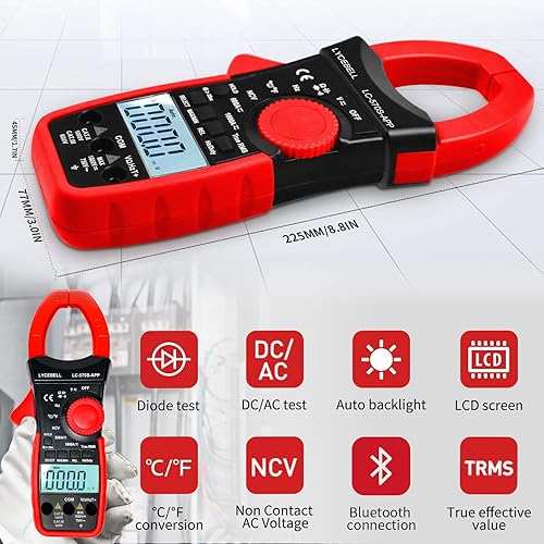Pinza Amperometrica, LC-570S-APP Bluetooth Multimetro a Pinza TRMS per AC/DC Corrente Tensione Resistenza Cap Frequenza Diodo Continuità Temperatura NCV con Retroilluminazione - Honorern