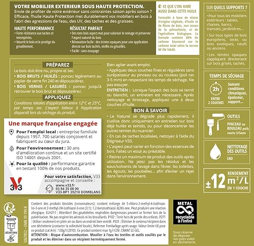 V33 Olio per esterni ad alta protezione naturale opaco, per mobili da giardino, ad alta resistenza, acqua, raggi UV e grassi, senza pulire e effetto perlato, in resina di origine vegetale, 1L - Honorern