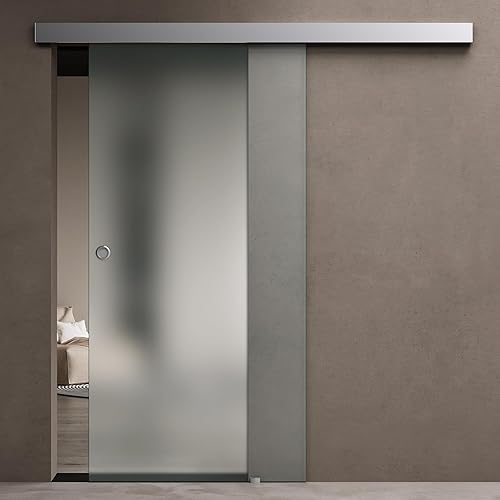 Porta Scorrevole per Interni in Vetro Temperato Satinato a Righe 90x215 cm con Binario in Alluminio | Chiusura Ammortizzata e Distanziale da 25 mm - Amalfi11 - Honorern