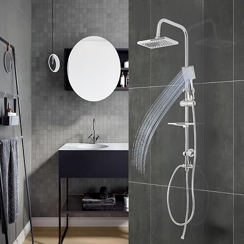 Colonna Doccia Attrezzata Luna Ottone Cromato Soffione Quadro Doccetta Collegabile a Miscelatore Termostatico o Presa d'Acqua a Muro - Honorern