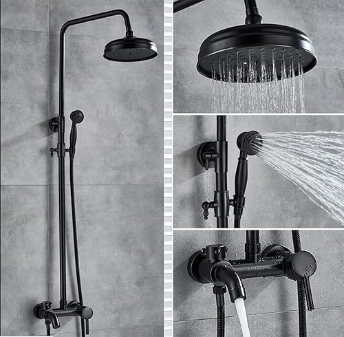 Sistema doccia, set doccia retrò nero, rubinetto doccia a pioggia con doccetta e sistema doccia, altezza regolabile - Honorern