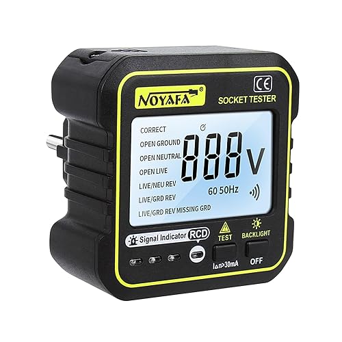 NOYAFA Tester di Presa con test RCD e Display LCD Della Tensione, 6 tipi di diagnosi dei guasti, visualizzazione della tensione e della corrente di dispersione, test RCD, 90-250V/50-60Hz - Honorern