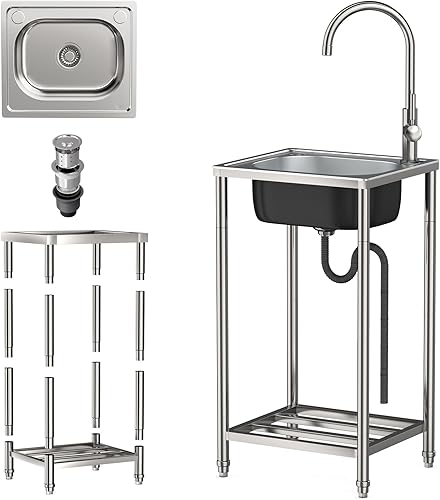 Lavello da esterno Lavello in Acciaio Inox Autoportante Lavandino Cucina 1 vasca Multifunzione con Rubinetto per Cucina, Giardino, Ristorante, Bar, Caffè, Garage (33 * 38 * 82CM) - Honorern