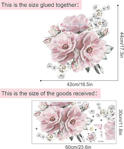 Adesivi Murali Fiori Peonia, Adesivi Murali Fiori Rosa, Fiore Adesivo Da Parete Decorazione Per Soggiorno, Adesivi Murali per Camera Da Letto, Decorazione Murale Soggiorno, 44x42cm - Honorern