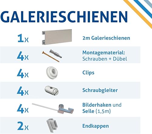 Set di guide per appendere quadri, lunghezza 4 metri ed estensibili, per personalizzare la tua parete, ganci inclusi, argento, 2m - Honorern