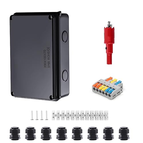 Scatola di Derivazione, IP65 Impermeabile Cassetta Elettrica Esterna, ABS Nero Scatola Derivazione Stagna, 200 x 100 x 70 mm, con Terminali e Accessori di Montaggio, per Cavi Ø 12-16 mm - Honorern