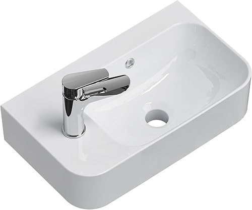 EMKE Lavabo sospeso 365 x 180 x 90 mm – Lavandino compatto ed elegante per piccoli bagni e WC degli ospiti – Rubinetto a destra, installazione a parete, bianco brillante - Honorern