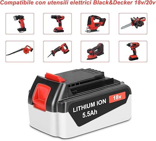 5.5 Ah Batteria di Ricambio per Black+Decker 18V Litio BL2018 BL2018-XJ LB2X4020 LB20 LBX20 LBX20 LST220 LBXR2020-OPE LBXR20B-2 GKC1825L GTC1850L20 STC1820 - Honorern