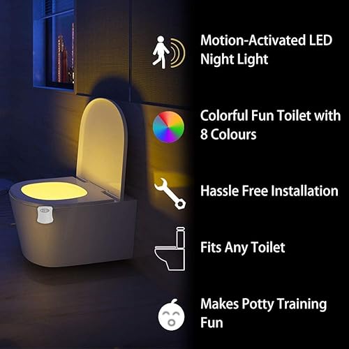 Powerole Luce Notturna WC LED Lampada Sensore Movimento,Alimentato da Batteria Impermeabile Luce Notturna, Luce WC per Bagno, 8 Cambiamento di Colori - Honorern