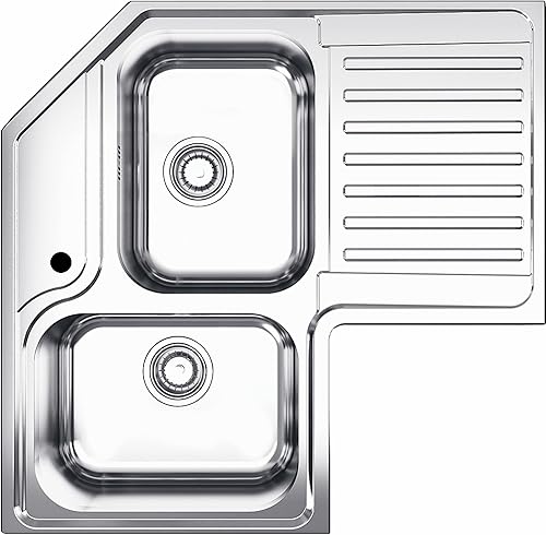 Lavello da Cucina Angolare, 83x83 cm, 2 Vasche con Gocciolatoio Destro, Acciaio Inox - Honorern