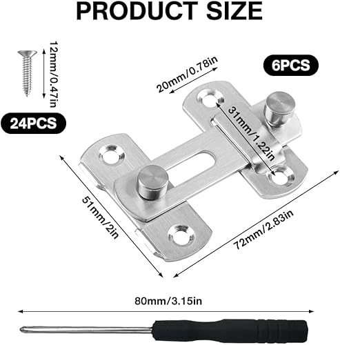 6 Pezzi Chiavistello Porta Scorrevole 180 Gradi Serratura Porta in Acciaio Inossidabile Chiusura Della Porta Scorrevole con Viti e Cacciavite per Porte, Finestre, Giardino (Nero, Argento) - Honorern