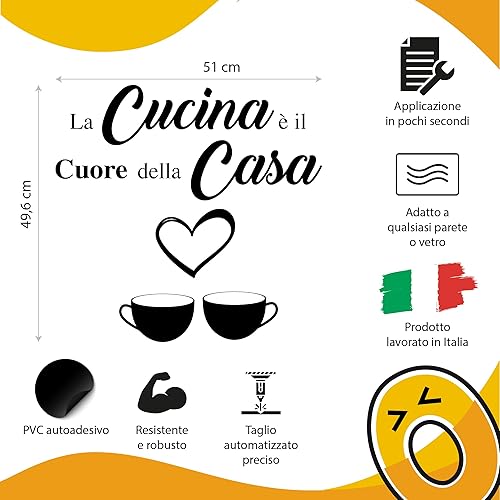Adesivi Murali Cucina con 2 Tazzine e Cuore - Decorazioni Casa e Parete - Frase 'La Cucina è il Cuore della Casa' - Adesivi Murali Cucina per Decorazioni da Parete e Oggetti Decorativi per la Casa - Honorern