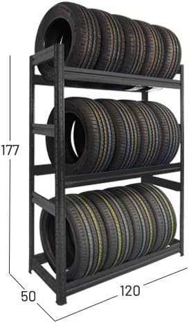 Scaffale PORTA GOMME in metallo 3 ripiani cm L120xP50xH177, Capacità 12 pneumatici, Nero ad Incastro - Honorern