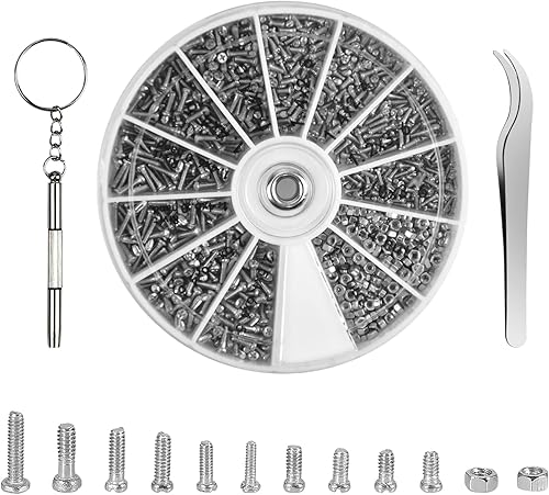 Kit Riparazione Occhiali, 1000pz Piccole Viti Dadi Assortimento in Acciaio Inox con Cacciavite e Pinzette, Occhiali Strumento di Riparazione, Viti per Occhiali Kit per Occhiali da Sole Orologi - Honorern