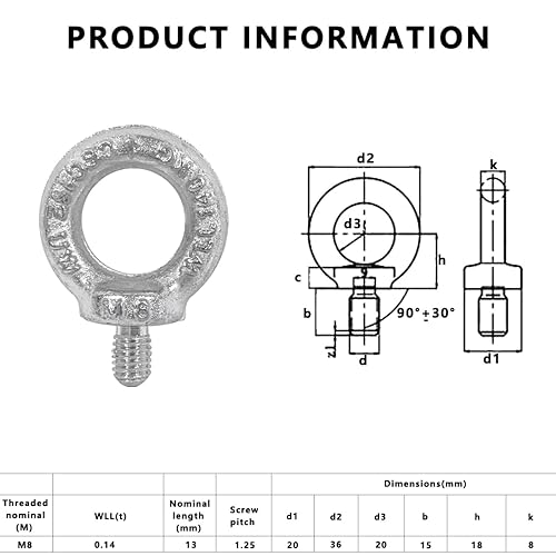 Bulloni ad di sollevamento 5 pezzi, golfari in acciaio al carbonio Q235 zincati Golfari di sollevamento con filettatura profonda per industria, industria manifatturiera automobilistica M8. - Honorern