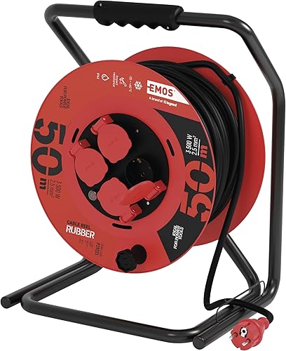 EMOS P19221 Avvolgicavo 50m-4 Prese Schuko-Impermeabile, Urti, Resistente alle temperature-230 V, 15 A, 3500 W-Isolamento in gomma-H05RR-F 2,5 mm2-IP44 per Esterni, Grigio, Blu, Nero - Honorern