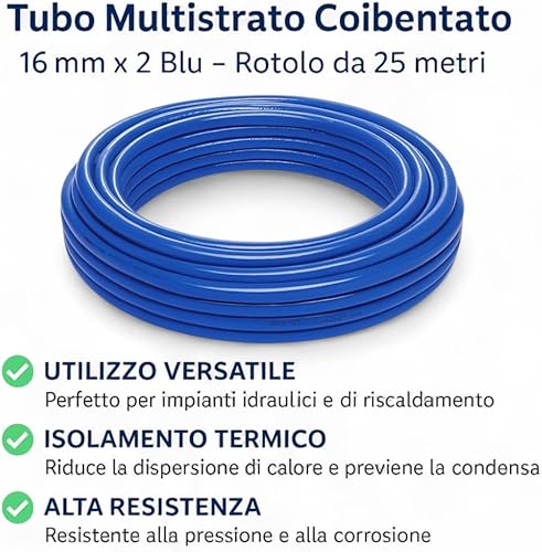 Tubo Multistrato Coibentato ISOCLIMA Diametro 16 mm x 2 Rivestito con Guaina Isolante - Rotolo da 25 Metri per Impianti Idraulici, Acqua Calda/Fredda e Riscaldamento Domestico (BLU 25MT) - Honorern