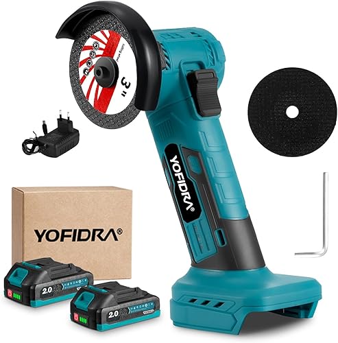 Yofidra Smerigliatrice 21V, Mini Smerigliatrice Professionale con 2 Batterie da 2,0 Ah, Smerigliatrice a Batteria da 19.000 Giri/Min con Disco da Taglio da 76 mm, Luce LED, per Taglio e Lucidatura - Honorern
