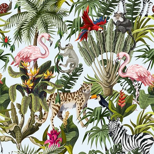 Carta Adesiva Foglie Tropicali Giungla Carta da Parati Floreale Bianco Fotomurali Flamingo Leopardo Pellicola Adesiva Decorativa Camera da Letto Adesivo per Mobili Soggiorno 44.5cm×300cm - Honorern