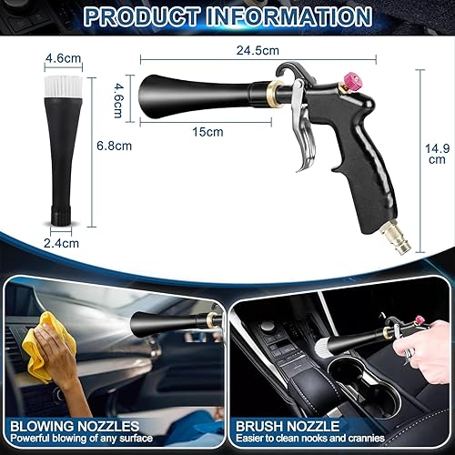 Pistola di Pulizia ad Aria compressa per Auto, soffiatore Pneumatico ad Alta Pressione da 3-24 Bar con 2 ugelli, Pistola ad Aria compressa Regolabile per Interni Auto - Honorern