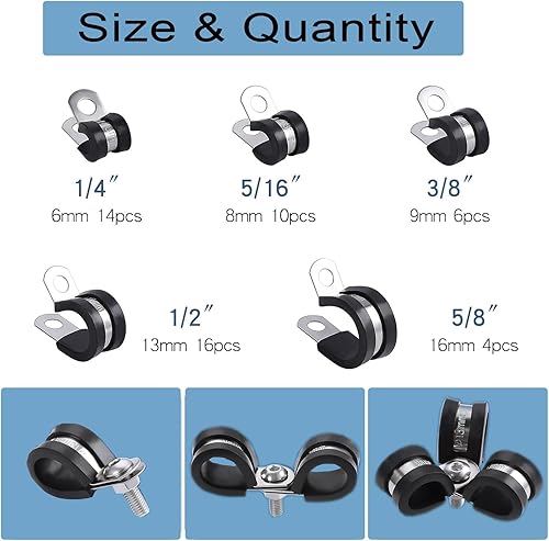 50PCS Morsetto per cavi in acciaio inossidabile con morsetto per tubi in gomma Assortimento con 5 dimensioni 1/4 '' 5/16 '' 3/8 '' 1/2 '' 5/8 '' per fascette per cavi in metallo - Honorern