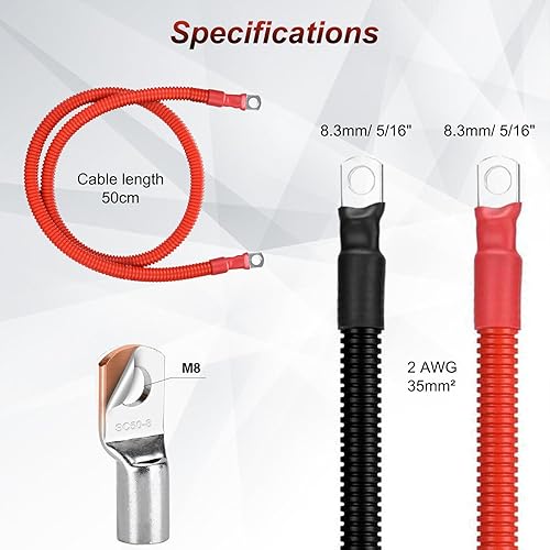 2 Pezzi Cavo Batteria Auto 35mm²/2 AWG 50cm, 12V/24V Cavo Batteria con M8 Morsetti ad Anello, Nero e Rosso Cavi Inverter Batteria con Occhielli per Energia Solare, Auto, RV, Marine - Honorern