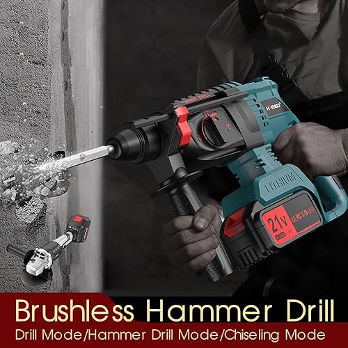 Martello Perforatore a Batteria, Martello Tassellatore a Batteria, Martello Demolitore con Frizione di Sicurezza e Controllo delle Vibrazioni, 4 in 1 Funzion, 2 * 4000mAh Batteria - Honorern