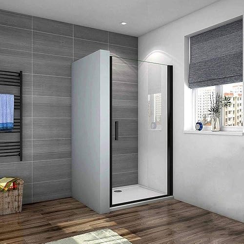 Porta Doccia Battente Per Nicchia Vetro Trasparente 8mm Telai Nero Opaco Doccia a Filo Pavimento 100x200 cm - Honorern