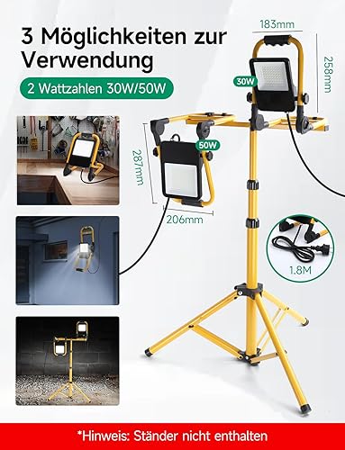 Aigostar Faro da Cantiere 50W, IP65 Impermeabile, Faretto Led da Cantiere con Spina, 6500K Bianco Brillante per Esterno, Lavori, Giardini e Garage, Rotazione 360°, portatile 2 pcs - Honorern