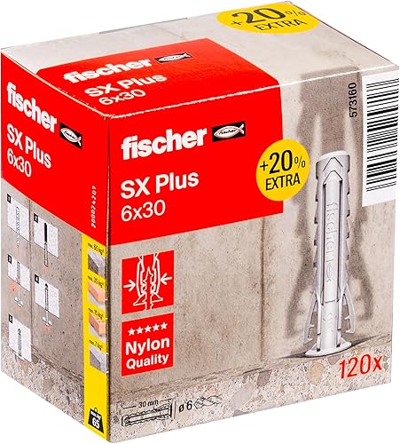 fischer Tassello in Nylon multimateriale SX Plus 6 x 30 + 20% di Contenuto aggiuntivo Gratuito/Confezione da 120, Taglia Unica - Honorern