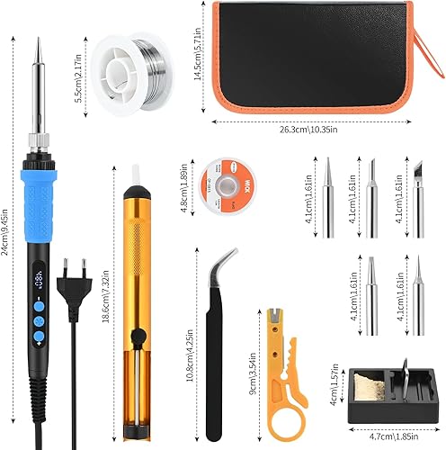 Kit Saldatore a Stagno con LCD e Temperatura Regolabile (180-480°C), Stagnatore Elettrico con Interruttore ON/OFF, 5 Punte per Saldare, Pompa Dissaldante, Filo per Saldare, Pinzette - Honorern