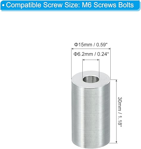 Distanziali in Alluminio M6, 5 Pezzi Distanziali Metallici in Alluminio 6,2 Mm ID x 15 Mm OD x 30 Mm L Distanziali a Vite in Alluminio Rotondi per Viti da 1/4' o M6 - Honorern