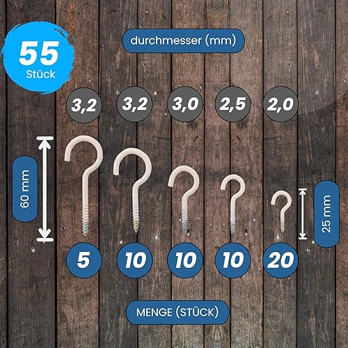 Set di ganci a vite | 55 robuste viti a gancio con filettatura in acciaio rivestito per interni ed esterni, ganci da soffitto, ganci da parete, ganci di fissaggio | bianco - Honorern