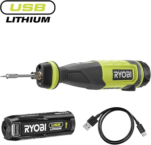 Ryobi RSI4-120G, Saldatore a Batteria Ricaricabile con USB-C, Temperatura Fino a 460 °C, Luce LED, Impugnatura Ergonomica, per Progetti di Hobbistica, 1 Batteria da 2,0Ah Inclusa - Honorern