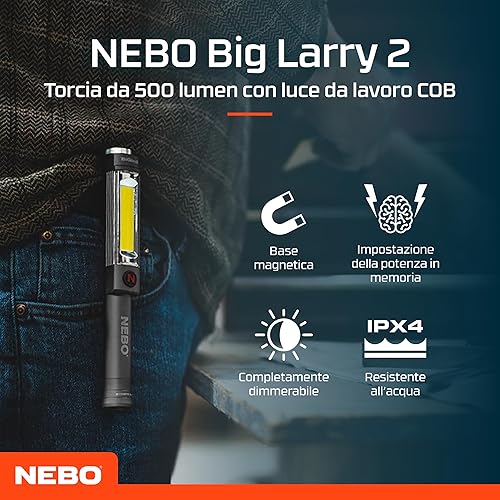 NEBO Big Larry 2 - Torcia LED Potente Professionale da 500 lumen - Con luce da lavoro COB - Clip da tasca con base magnetica per illuminazione a mani libere - Portatile, Dimmerabile - Luce di pericolo - Honorern