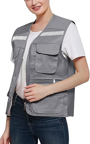 Gilet di Sicurezza Riflettente Unisex Gilet da Lavoro in Rete ad Alta Visibilità Gilet Esecutivo Multitasche Fluorescente Scollo a V con Cerniera, Costruzione/Volontario/Lavori all'aperto, S-XL - Honorern