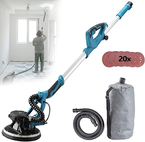 Levigatrice per Muro, 1800W, 1000-2100rpm/min, Manico Telescopico 130-200cm, Luci LED, Aspiratore, 50 Sandpaper Inclusi - Honorern