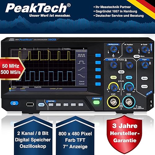 PeakTech 1403, oscilloscopio di memoria digitale, 2 canali, 50 MHz, 500 MS/s, interfaccia USB, software PC, P 1403 - Honorern