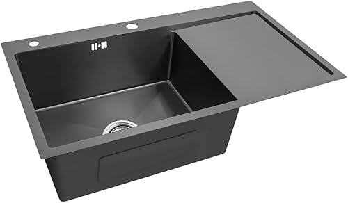 86 x 50 x 21, lavello da cucina, acciaio inox 304, spessore del materiale: 0,8 mm, lavello, lavello, lavello da incasso, rettangolare, 1 vasca, troppopieno, scolapiatti, nero - Honorern