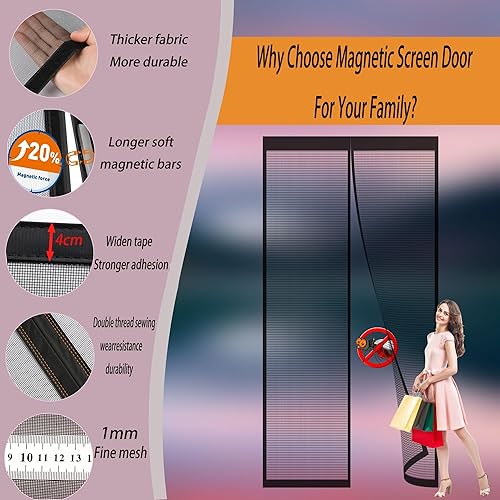Zanzariera Magnetica in Vetroresina,100x230cm Rete Molto Resistente,Tenda con Magneti Ancora Più Potenti,Resiste al Vento e ai Raggi UV,Zanzariere Magnetiche Nero - Honorern